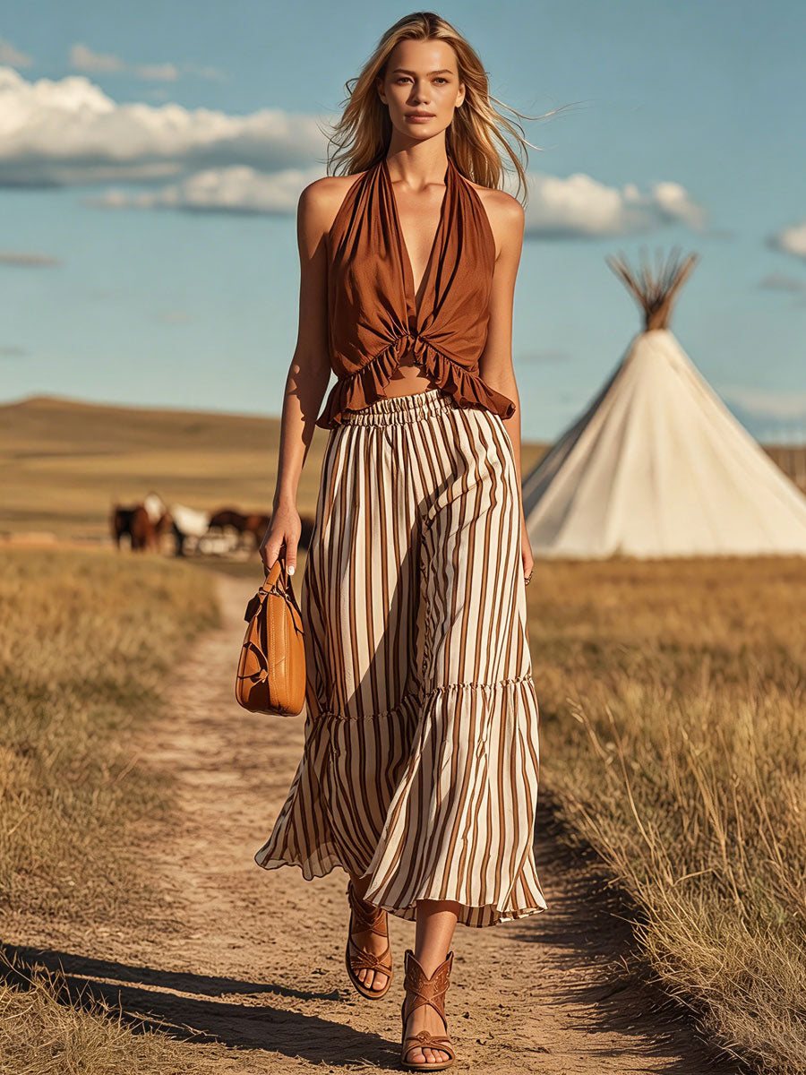Western Retro Caramel Brown V-Neck Ruffle Shirt