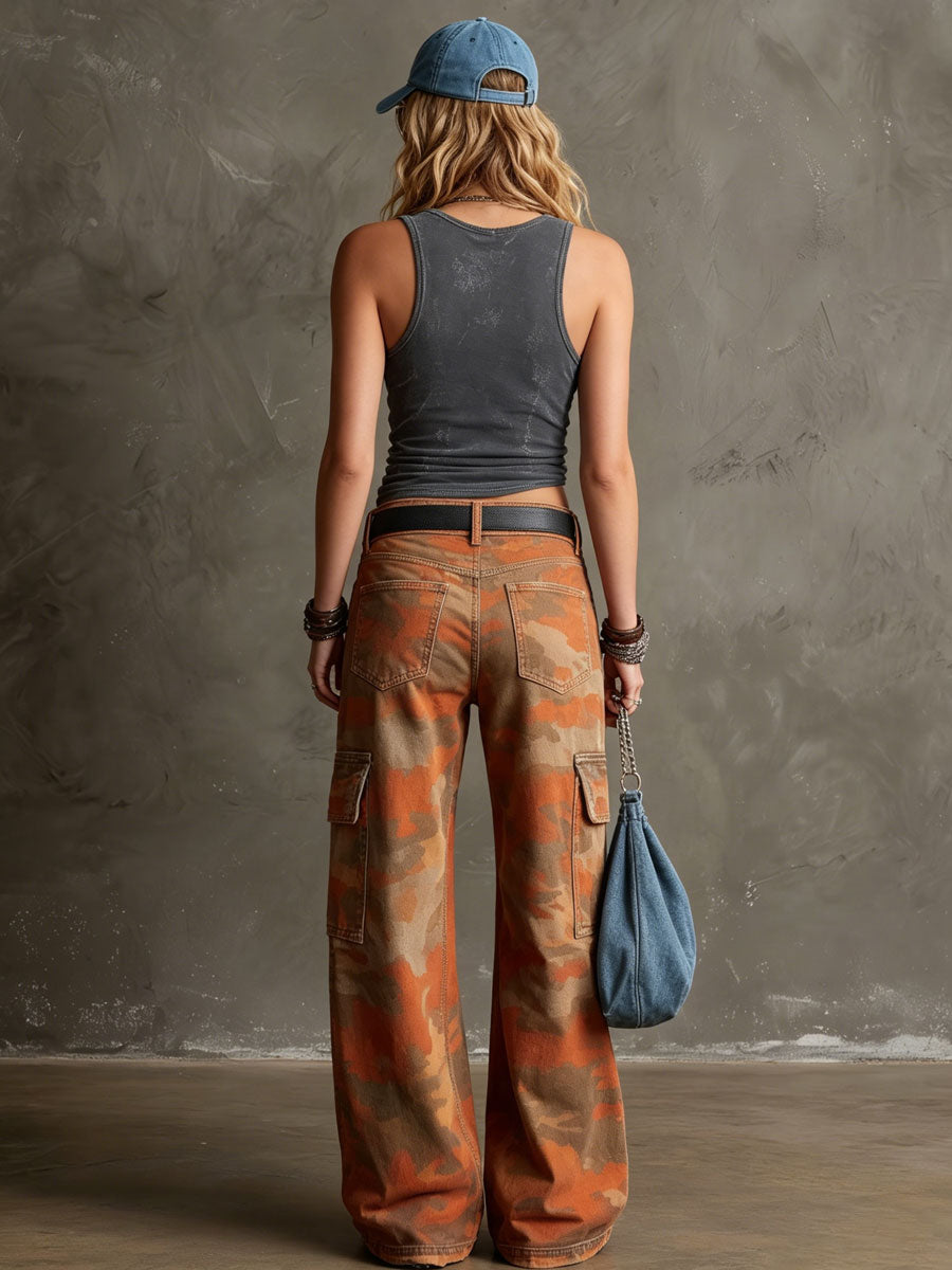 Western Retro Orange Camouflage Work Jeans