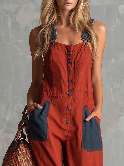 Casual Retro Denim Patchwork Red Overall Cotton Jumpsuit