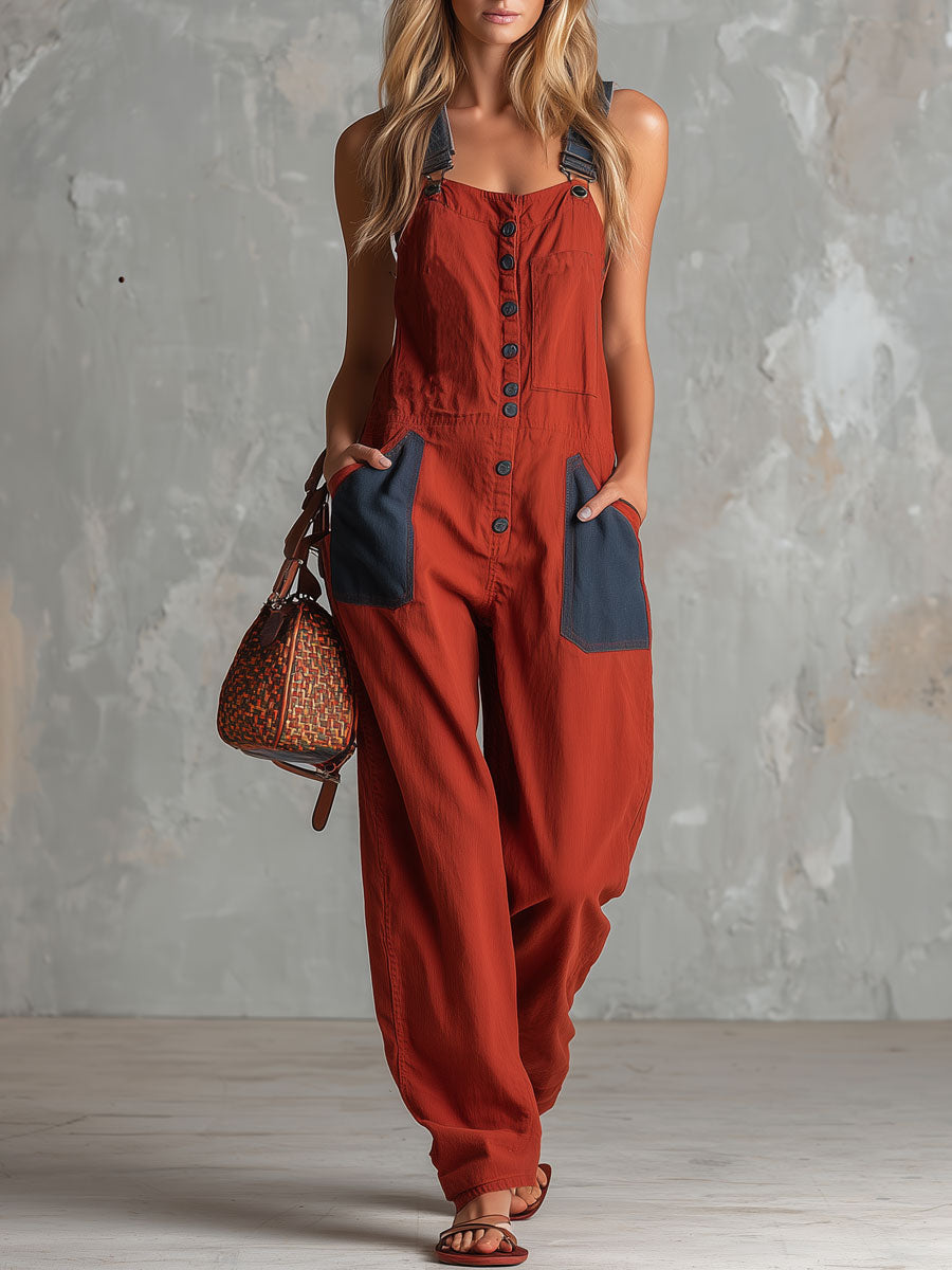 Casual Retro Denim Patchwork Red Overall Cotton Jumpsuit