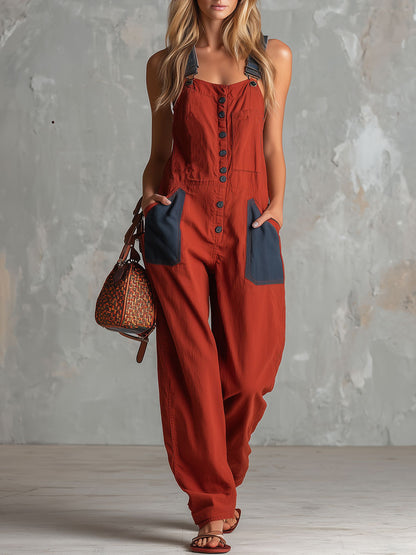 Casual Retro Denim Patchwork Red Overall Cotton Jumpsuit