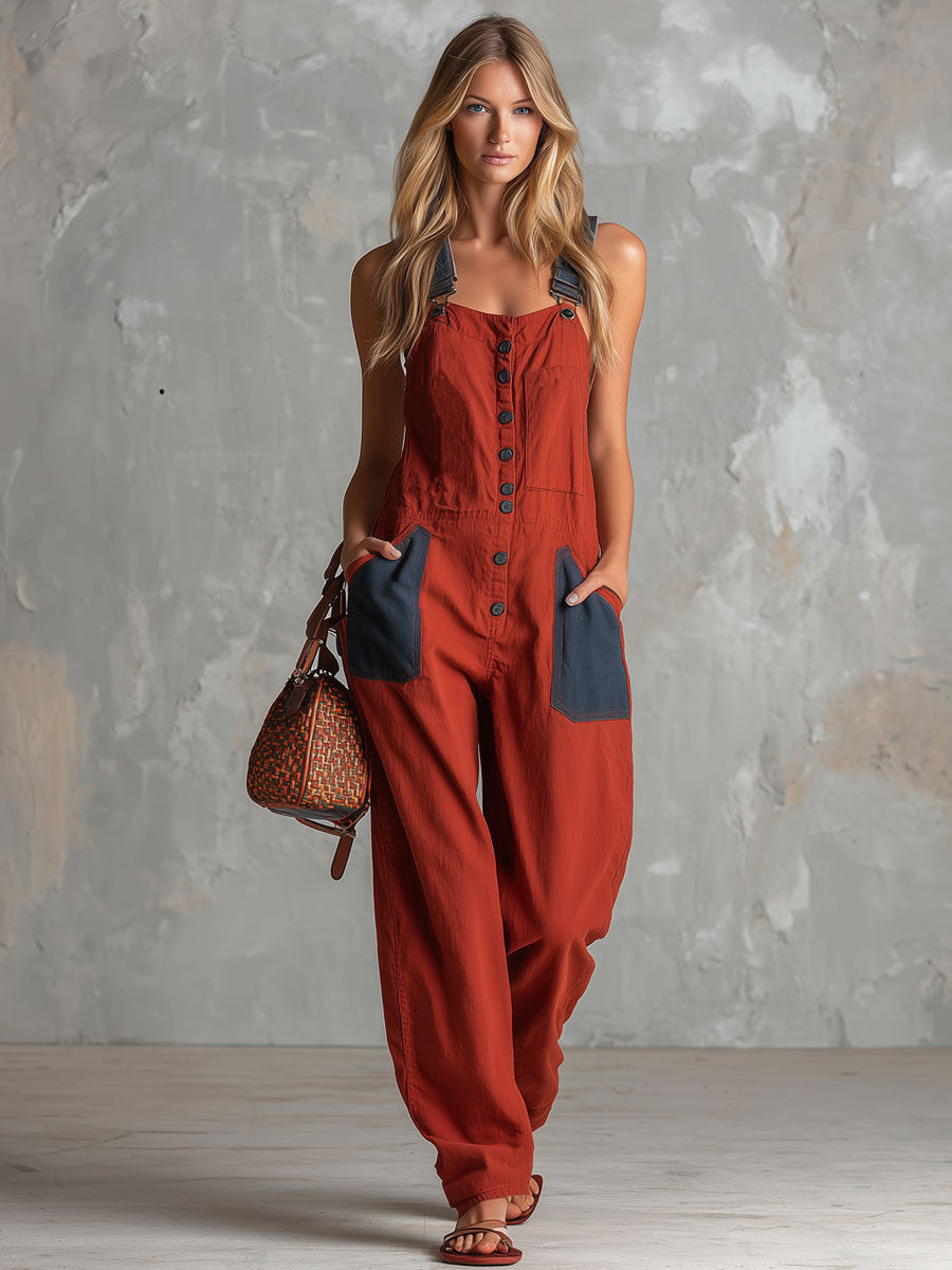 Casual Retro Denim Patchwork Red Overall Cotton Jumpsuit