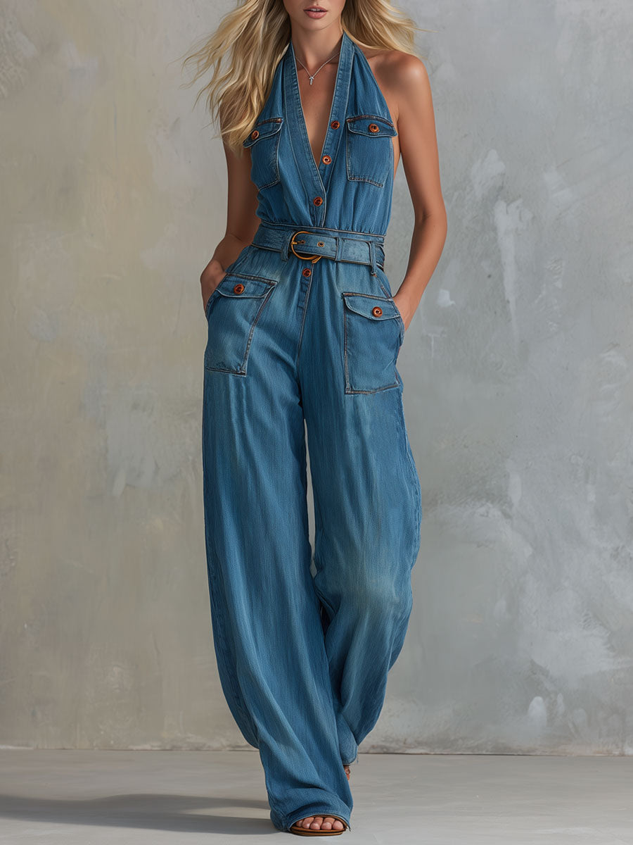 Casual Retro Blue Sleeveless Button Pocket Denim Jumpsuit