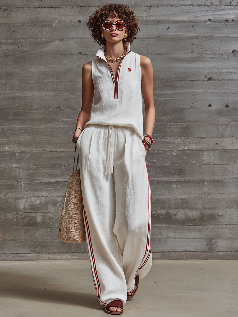 Casual Retro Embroidered White Cotton And Linen Sleeveless Half-zip Top And Pants Set
