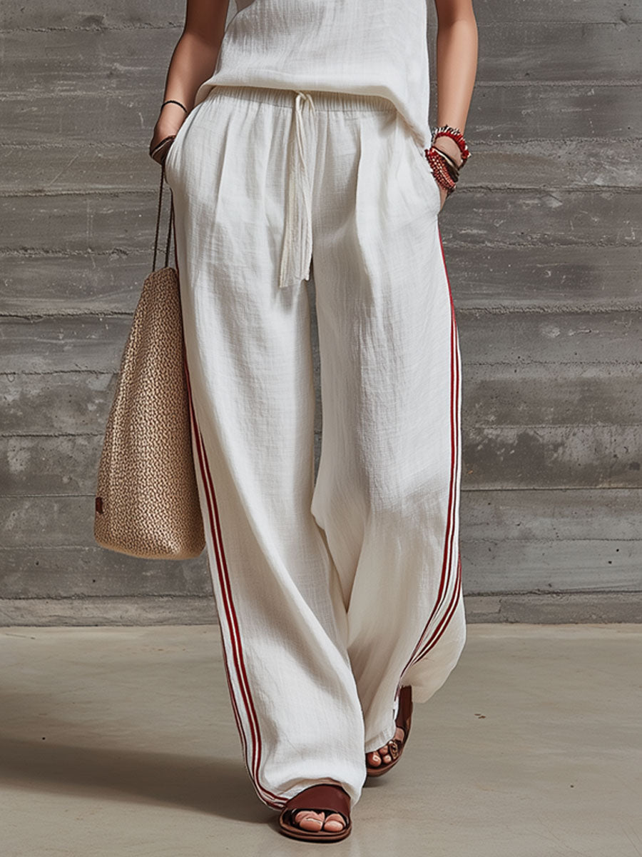 Casual Retro Embroidered White Cotton And Linen Sleeveless Half-zip Top And Pants Set