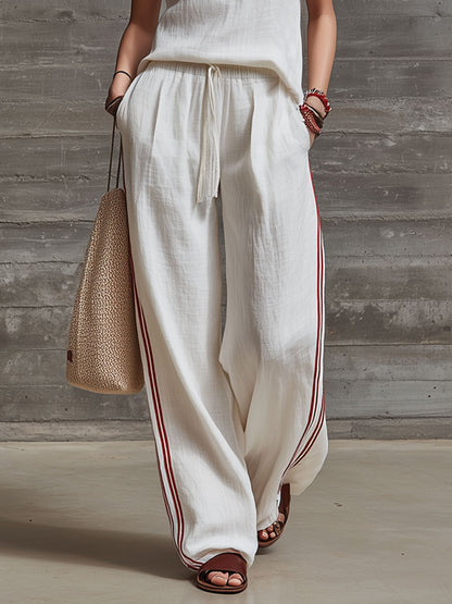 Casual Retro Embroidered White Cotton And Linen Sleeveless Half-zip Top And Pants Set