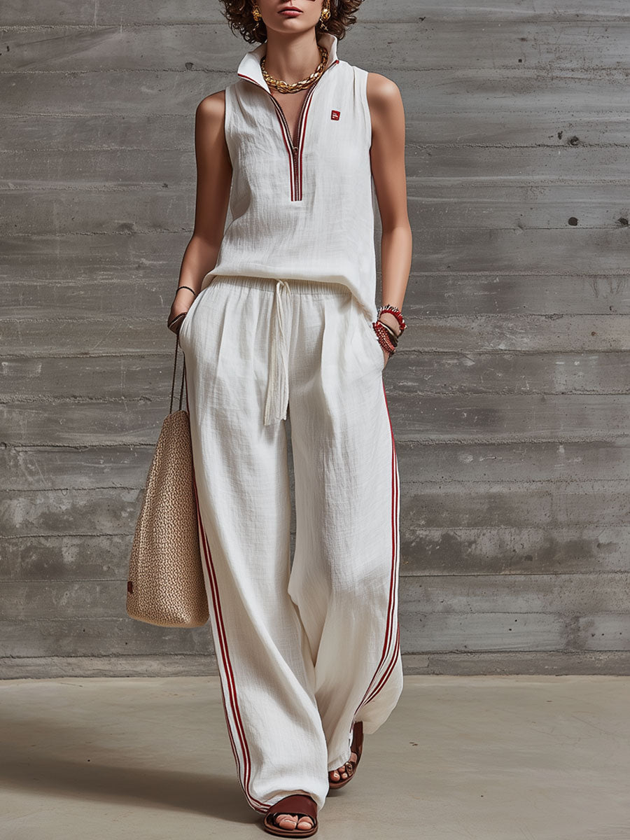 Casual Retro Embroidered White Cotton And Linen Sleeveless Half-zip Top And Pants Set
