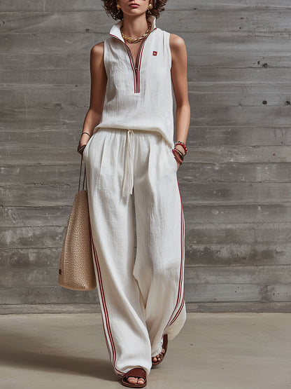 Casual Retro Embroidered White Cotton And Linen Sleeveless Half-zip Top And Pants Set