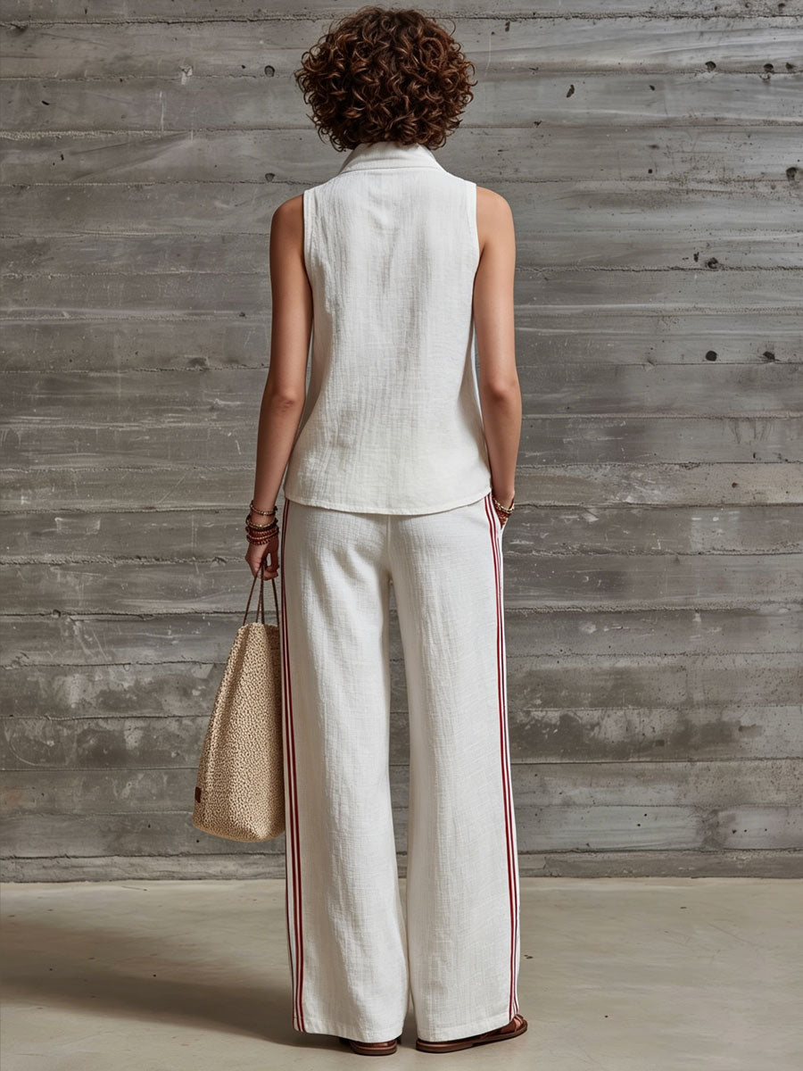 Casual Retro Embroidered White Cotton And Linen Sleeveless Half-zip Top And Pants Set