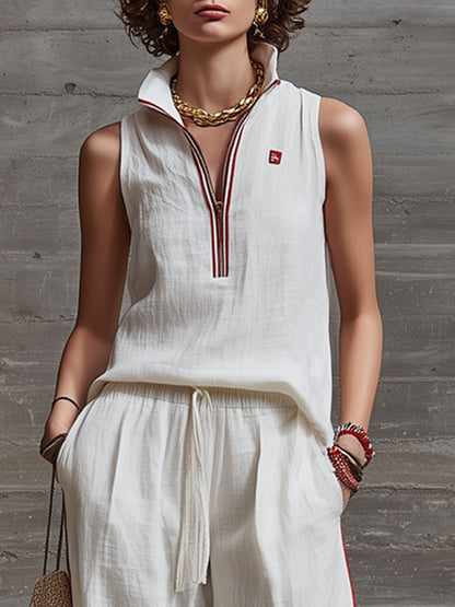 Casual Retro Embroidered White Cotton And Linen Sleeveless Half-zip Top And Pants Set