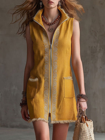 Casual Retro Embroidered Yellow Cotton Linen Sleeveless Mini Dress