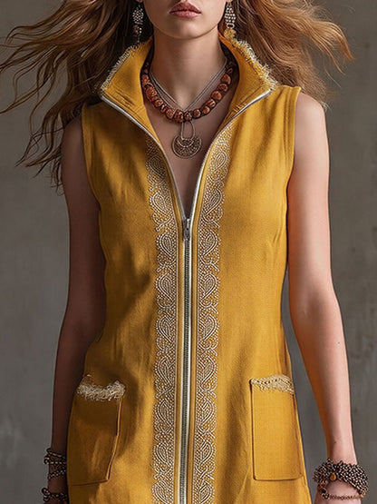 Casual Retro Embroidered Yellow Cotton Linen Sleeveless Mini Dress
