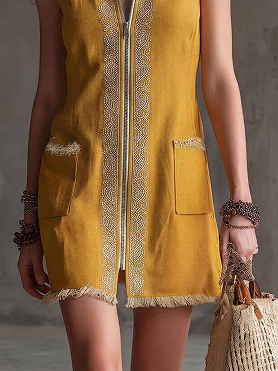 Casual Retro Embroidered Yellow Cotton Linen Sleeveless Mini Dress