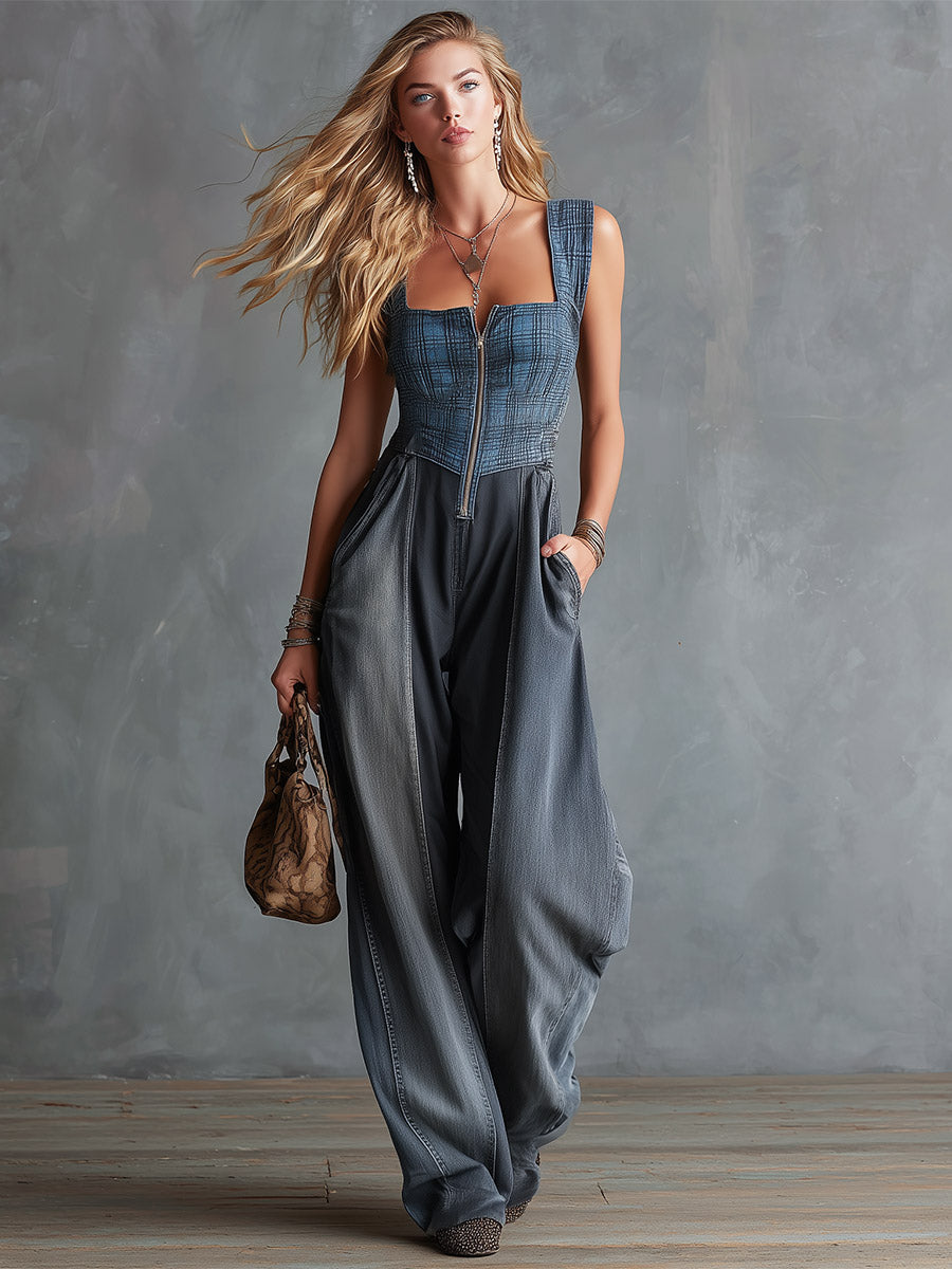 Retro-Elegant Color-Block Plaid Denim Square-Neck Jumpsuit