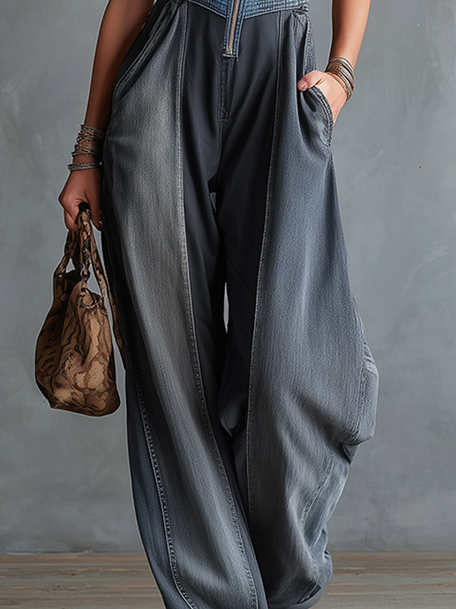 Retro-Elegant Color-Block Plaid Denim Square-Neck Jumpsuit