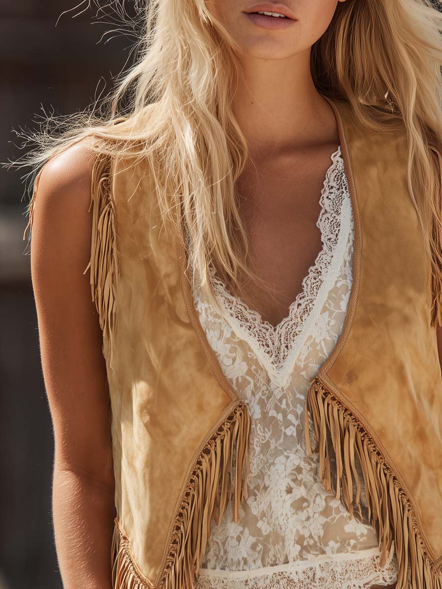 Vintage Faux Suede Fringe Vest Western Boho Lightweight Layering Piece