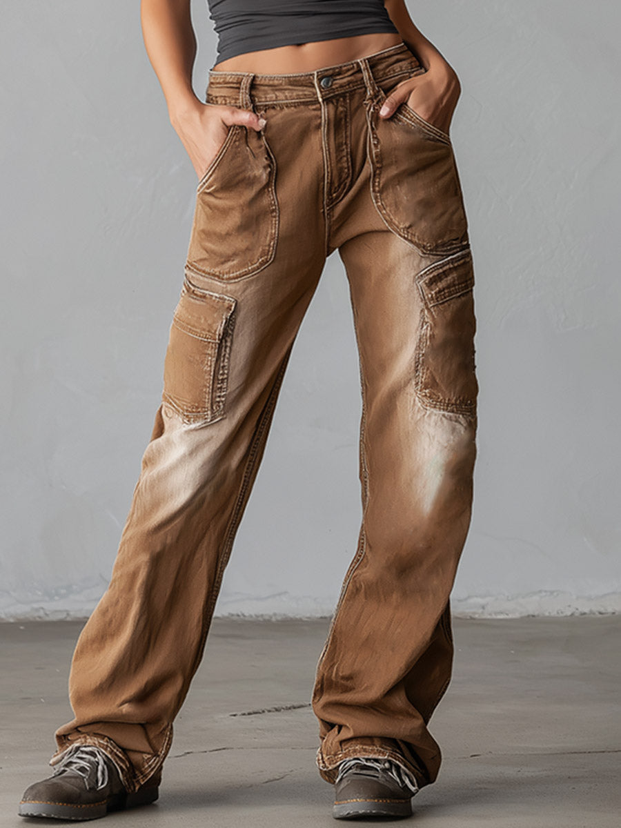Stylish &amp; Distinctive Distressed Brown Cargo Jeans