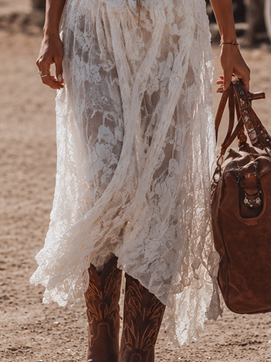 Vintage Western-Style White Lace-Up Maxi Dress