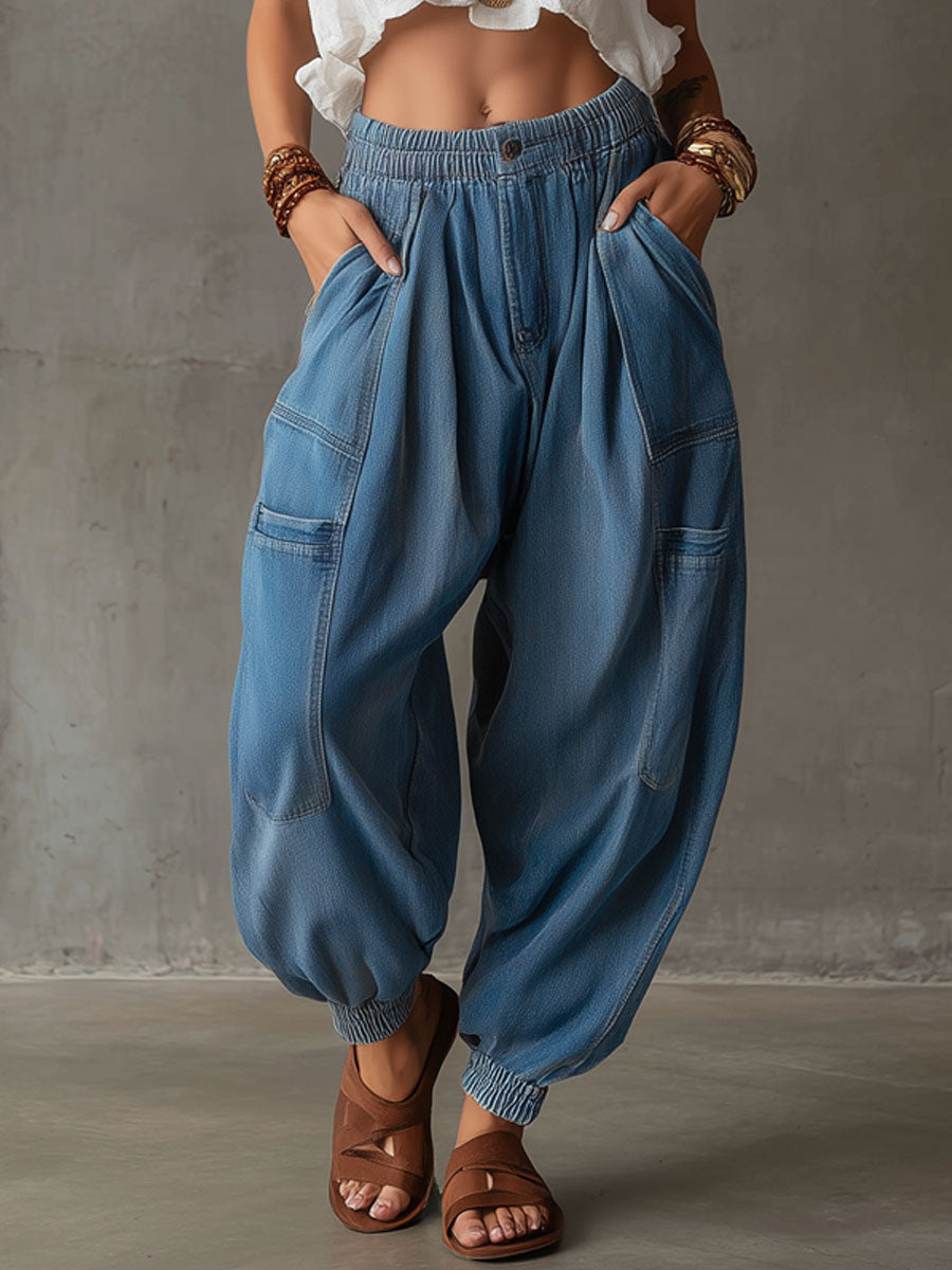Casual Retro Workwear Blue Balloon Jeans