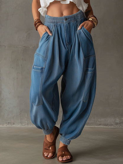 Casual Retro Workwear Blue Balloon Jeans