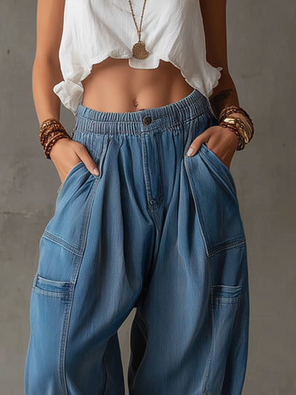 Casual Retro Workwear Blue Balloon Jeans