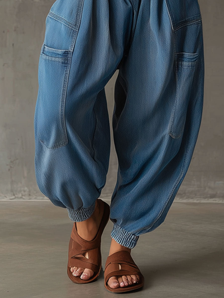 Casual Retro Workwear Blue Balloon Jeans