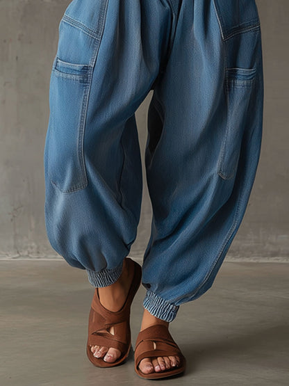 Casual Retro Workwear Blue Balloon Jeans