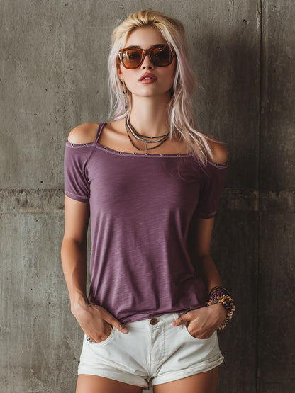 Casual Purple Pure Cotton Off-Shoulder Short-Sleeve T-Shirt