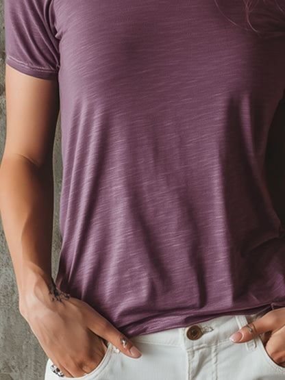 Casual Purple Pure Cotton Off-Shoulder Short-Sleeve T-Shirt