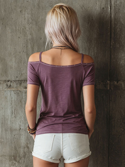 Casual Purple Pure Cotton Off-Shoulder Short-Sleeve T-Shirt