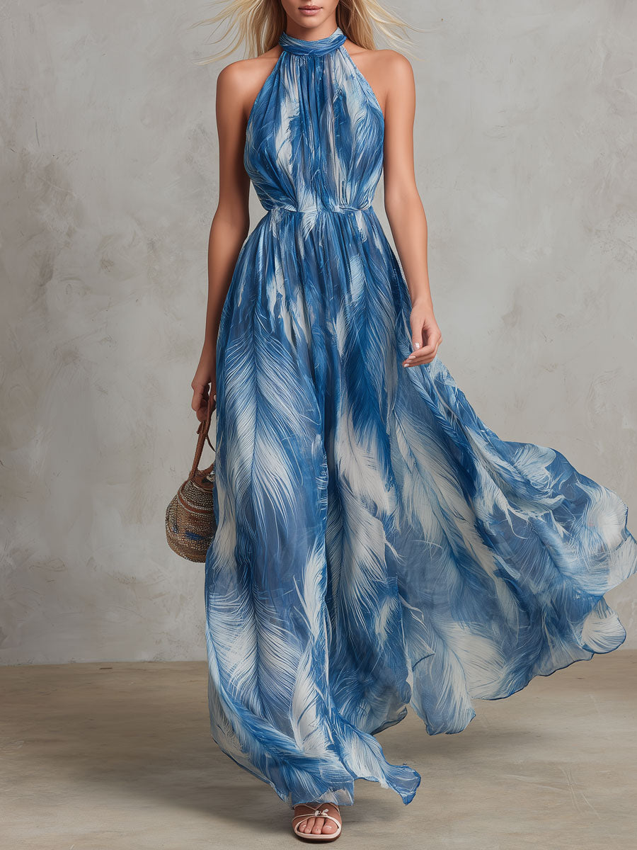 Retro Elegant Feather Print Blue Sleeveless Chiffon Maxi Dress