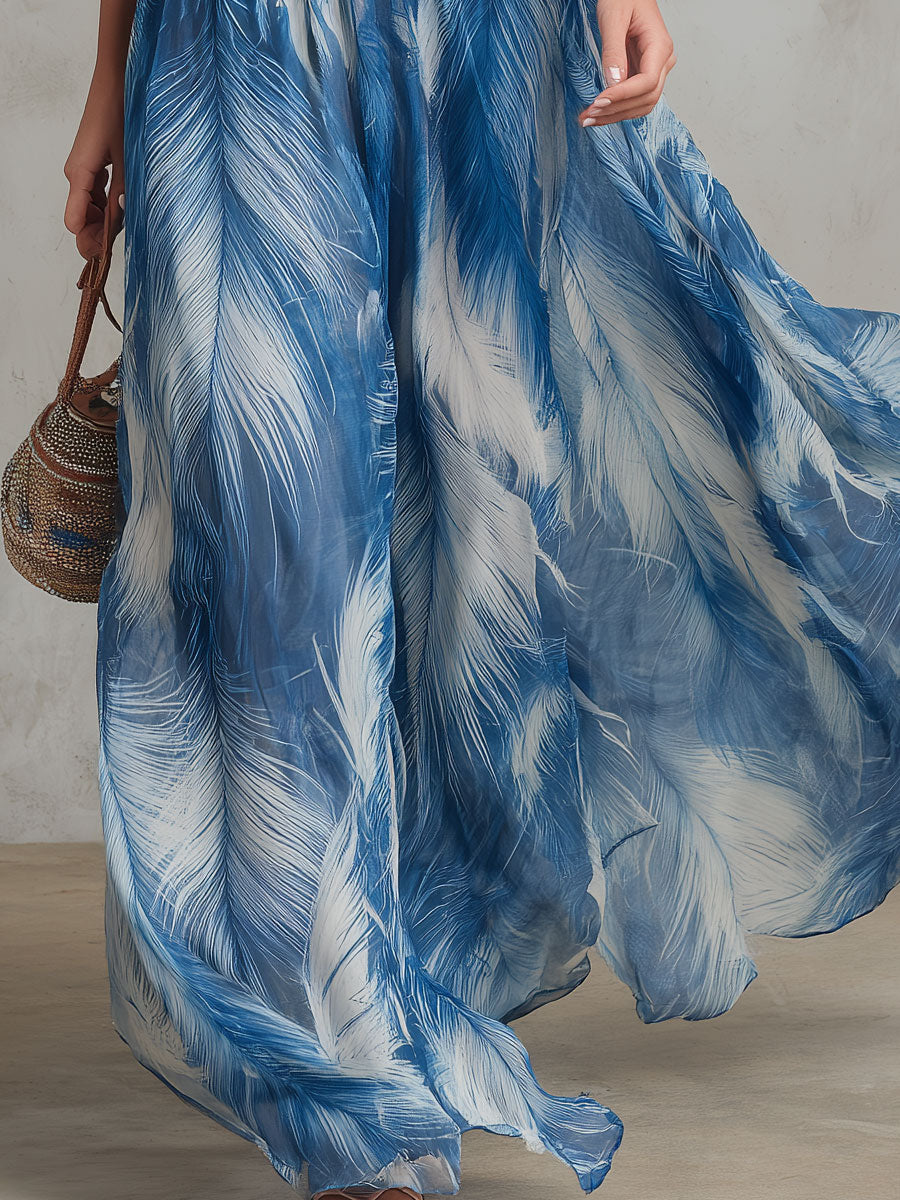 Retro Elegant Feather Print Blue Sleeveless Chiffon Maxi Dress