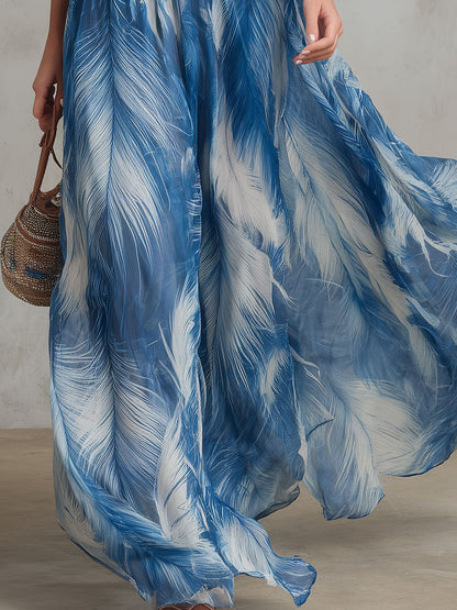 Retro Elegant Feather Print Blue Sleeveless Chiffon Maxi Dress