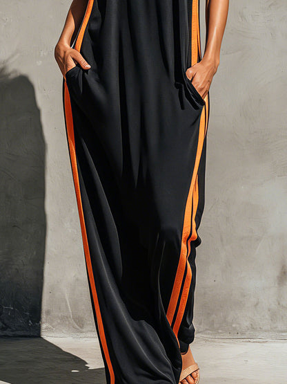 Casual Retro Color-blocked Black Sleeveless Round Neck Cotton Maxi Dress