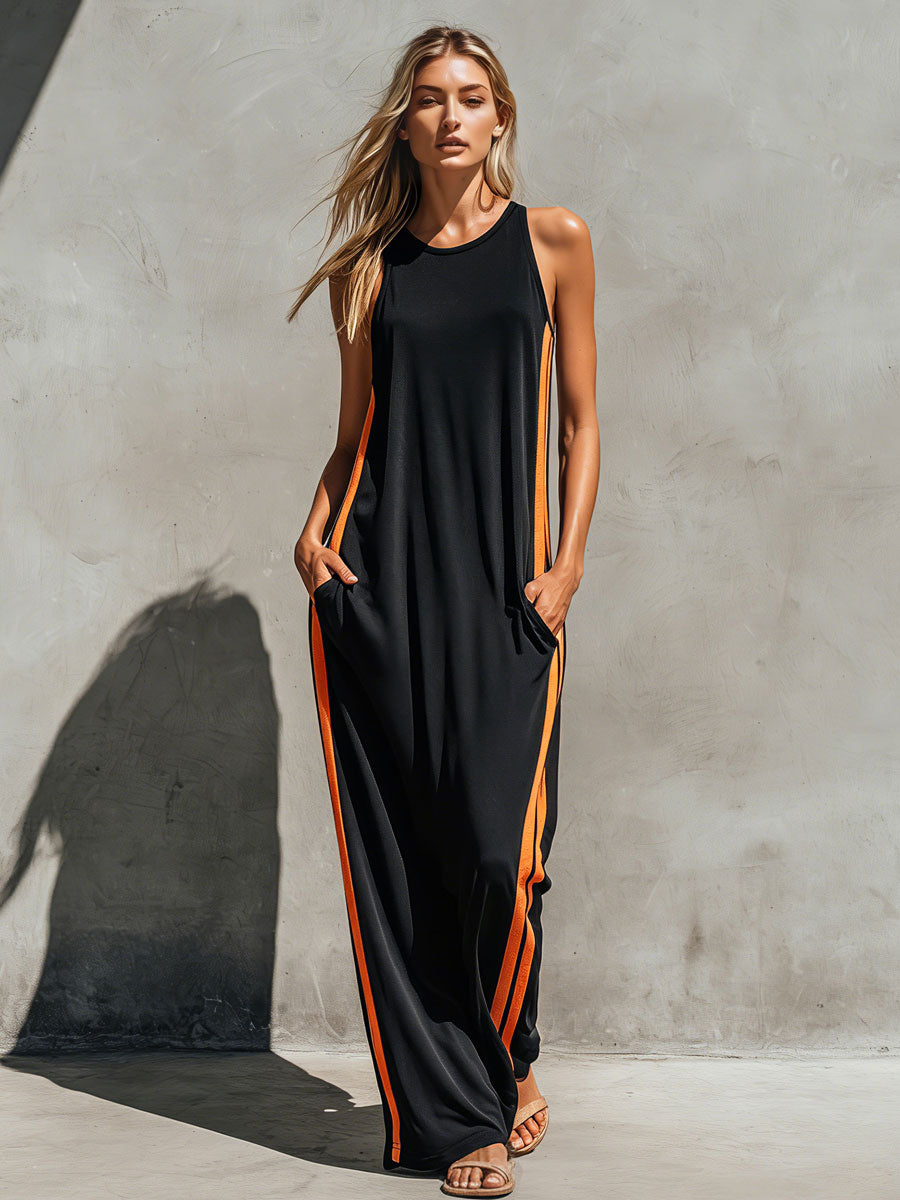 Casual Retro Color-blocked Black Sleeveless Round Neck Cotton Maxi Dress
