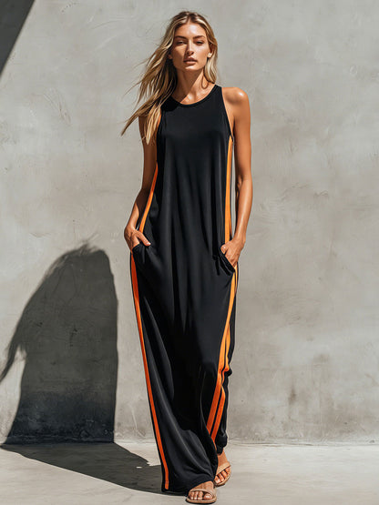 Casual Retro Color-blocked Black Sleeveless Round Neck Cotton Maxi Dress