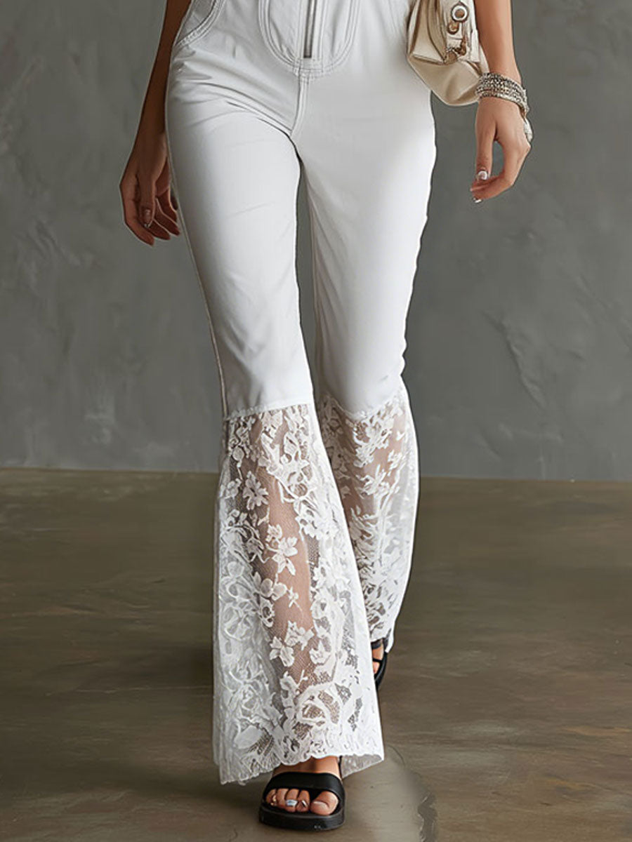 Fashionable Retro White Denim Lace Flared Jumpsuit