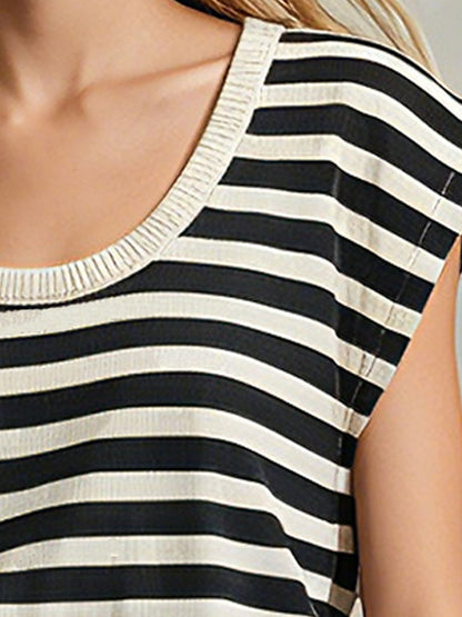 Retro Casual Black And White Striped Crew Neck Drop Shoulder Cotton T-shirt