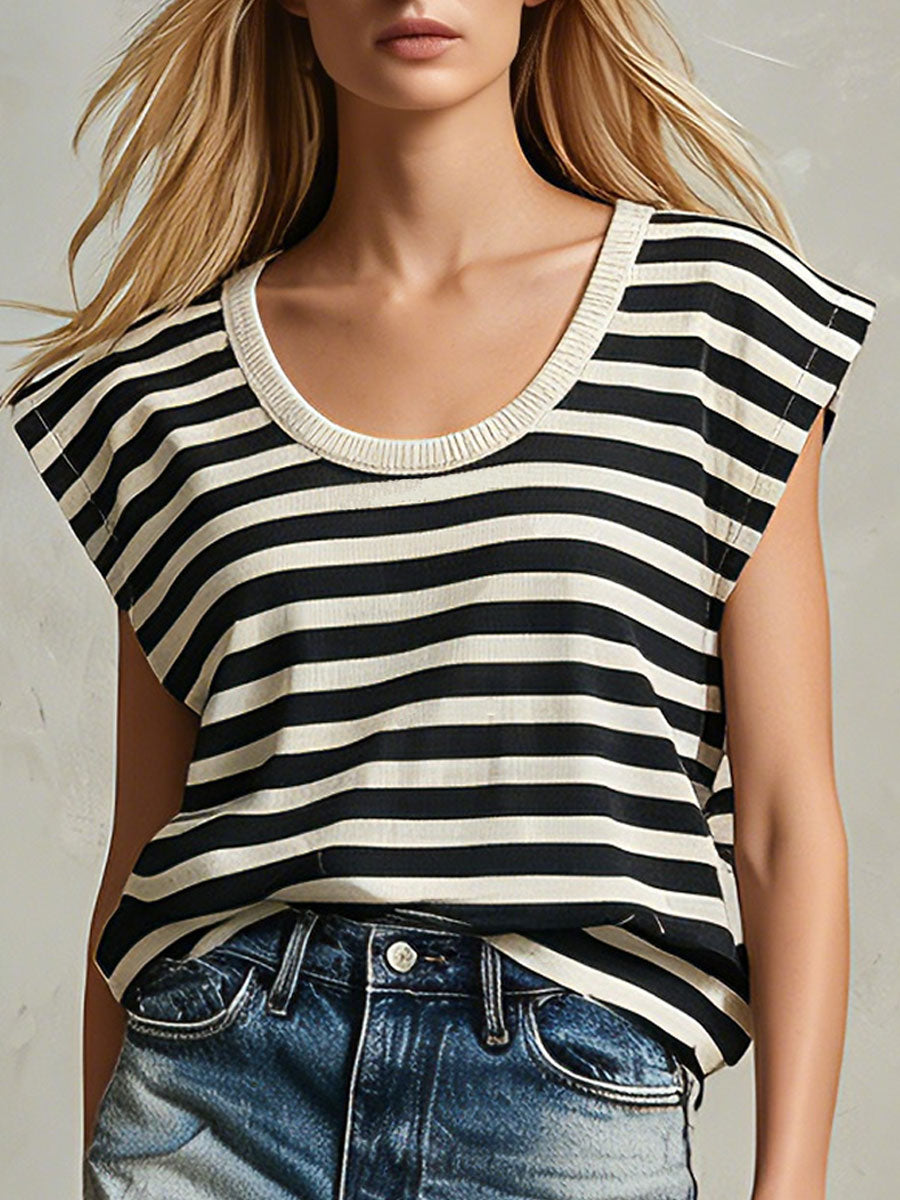 Retro Casual Black And White Striped Crew Neck Drop Shoulder Cotton T-shirt