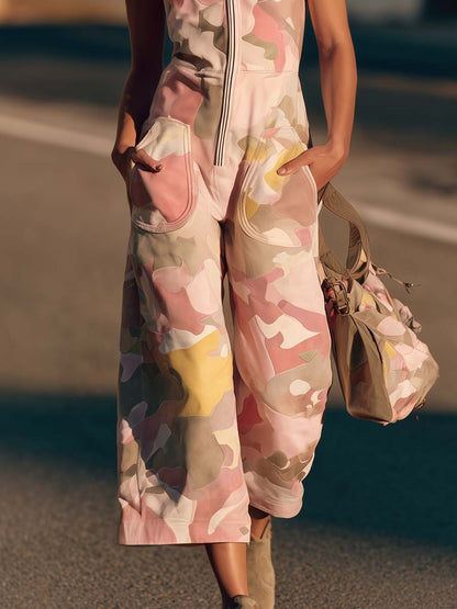 Washed Camo Suede-Touch Jumpsuit Vintage Utility Wide Leg Overall