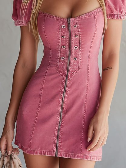 Retro Pink Denim Short-sleeved Mini Dress