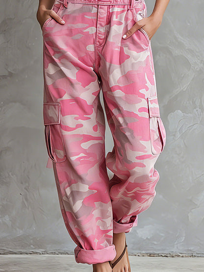 Casual Retro Pink Overalls With Multiple Pockets Camouflage Denim Jumpsuit
