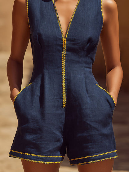Color-blocked Cotton-linen V-neck Zipper Sleeveless Short Jumpsuit