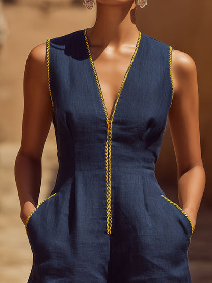 Color-blocked Cotton-linen V-neck Zipper Sleeveless Short Jumpsuit
