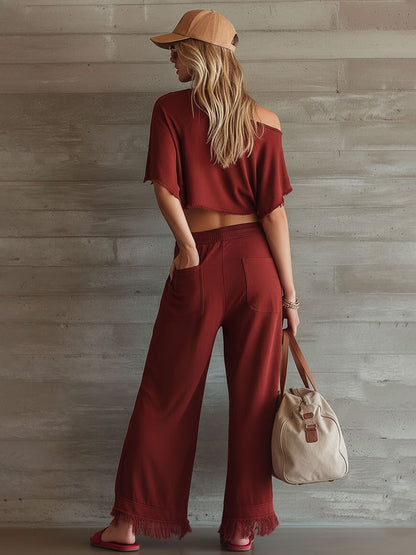 Casual Sporty Retro Frayed Maroon Pure Cotton Short-Sleeved Top And Pants Set