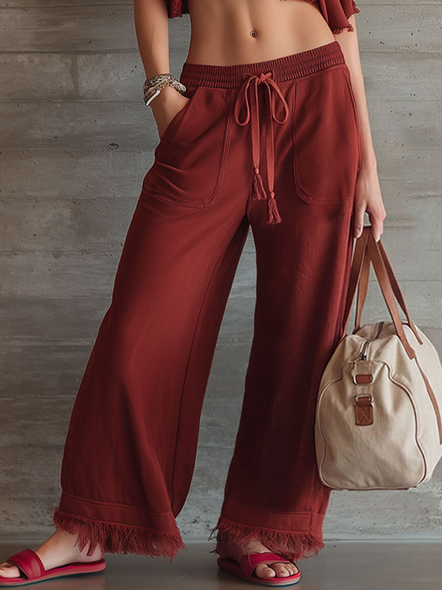 Casual Sporty Retro Frayed Maroon Pure Cotton Short-Sleeved Top And Pants Set