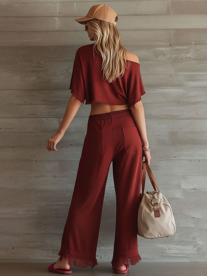Casual Sporty Retro Frayed Maroon Pure Cotton Short-Sleeved Top And Pants Set