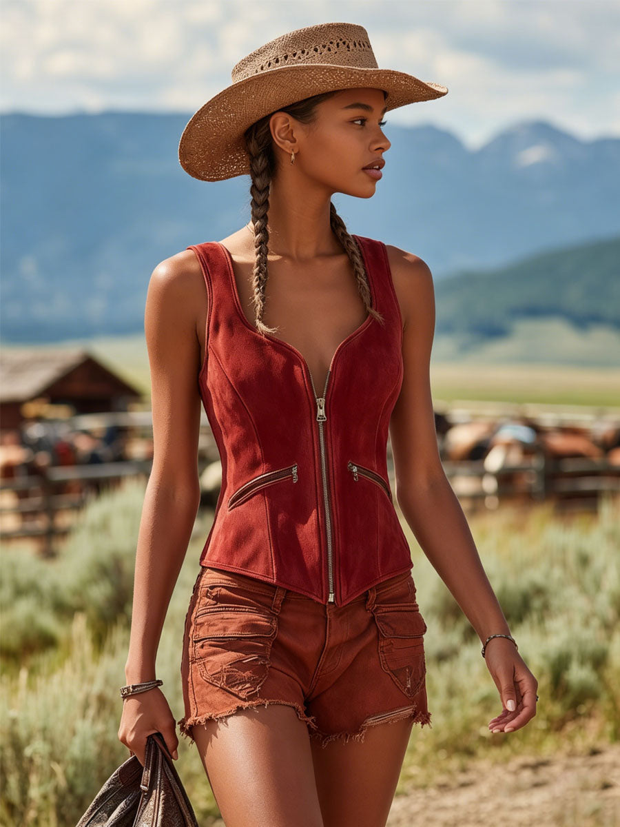 Retro Faux Suede Zipper Sleeveless Vest