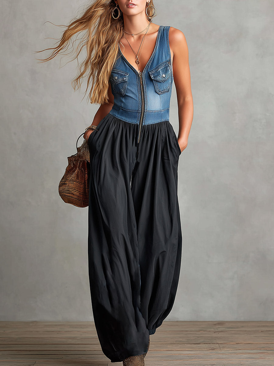 Chic Urban Silhouette Blue Denim Patchwork &amp; Black Cotton Jumpsuit