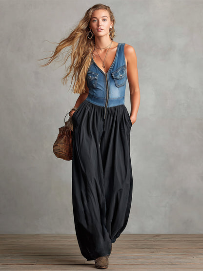 Chic Urban Silhouette Blue Denim Patchwork &amp; Black Cotton Jumpsuit